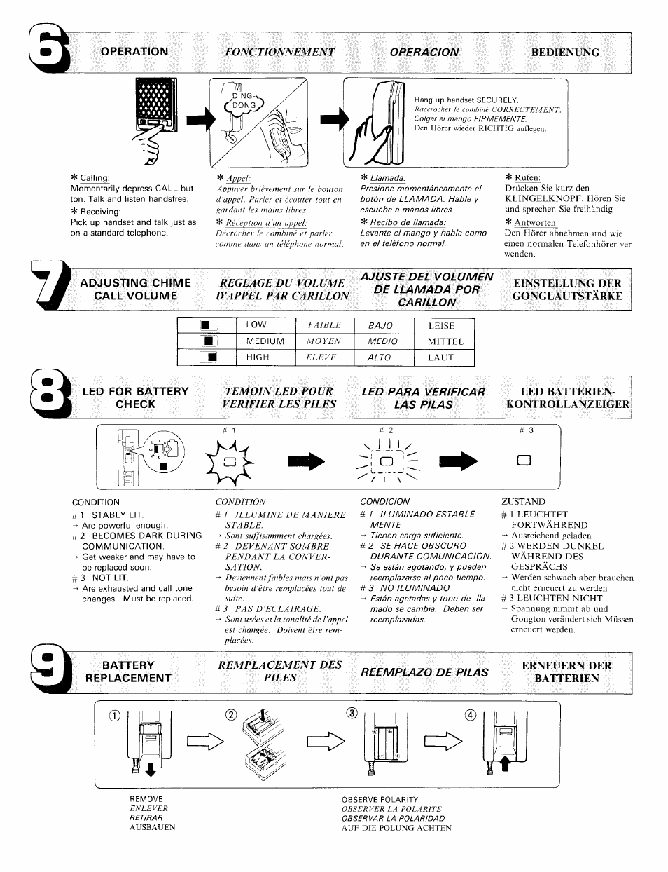 Operation, Beimenlng, Led b \ i terien- koniroi.lanzeiger | Battery, Replacement, Erneuern der batterien | Aiphone TC-MC User Manual | Page 3 / 4