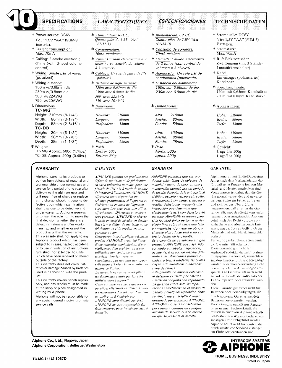 L echnische daten, O aiphone, Caracteristiques | Specifications, Especifica ci ones l echnische daten | Aiphone TC-MC User Manual | Page 4 / 4