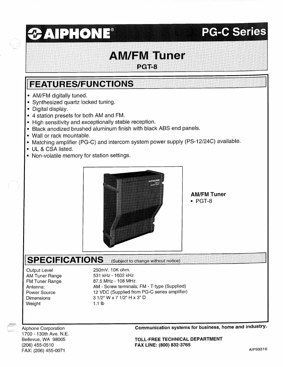 Aiphone PG-C PGT-8 User Manual | 1 page