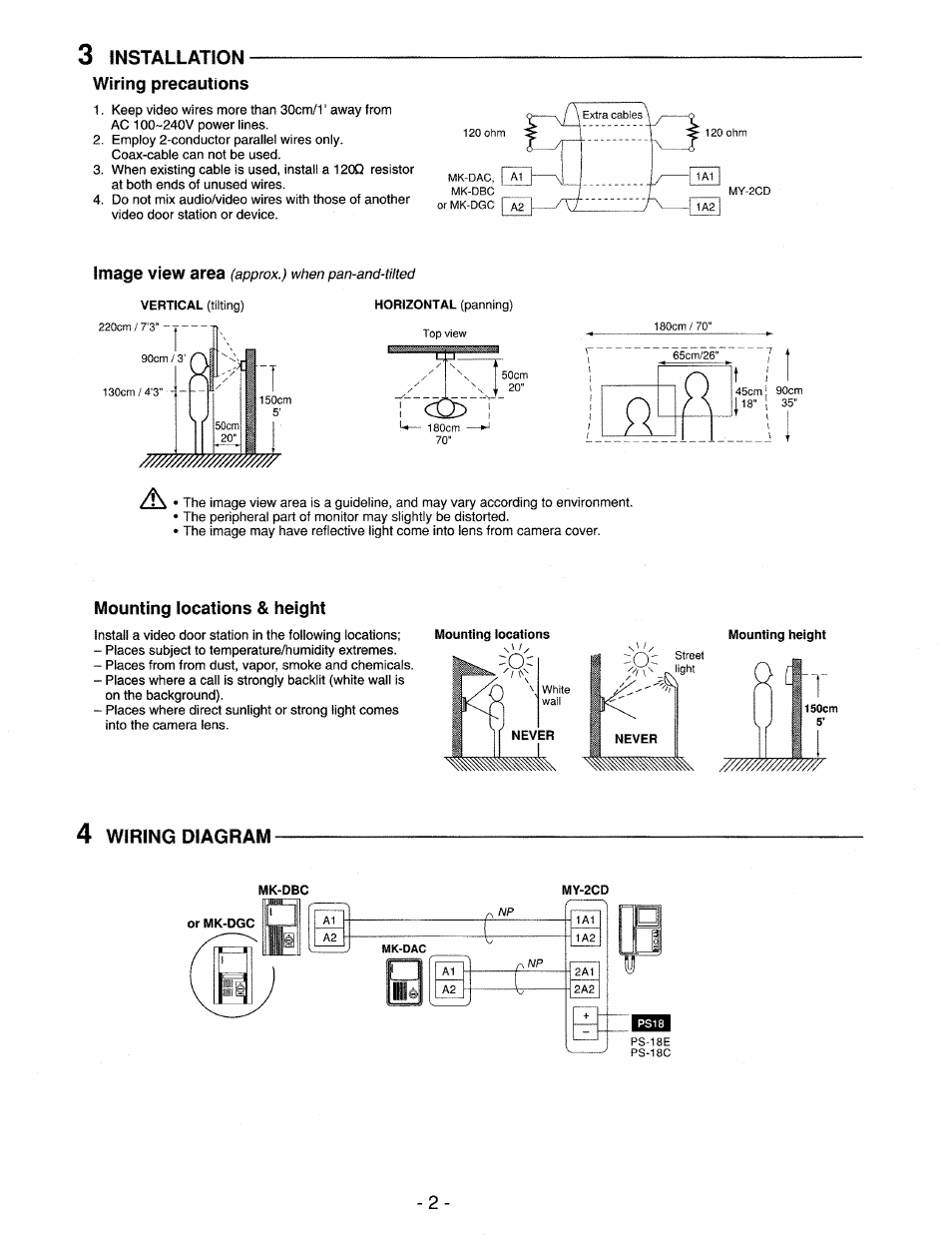 3 installation, Wiring precautions, Mounting locations & height | 4 wiring diagram, Mm/mw, Installation- wiring precautions, Image view area, Wiring diagram | Aiphone MK-DAC User Manual | Page 2 / 4