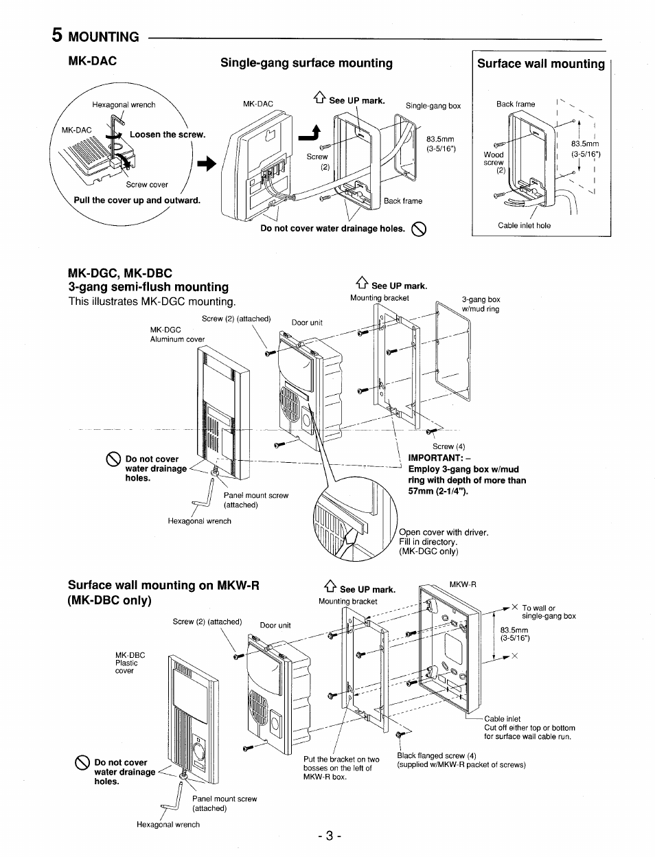 5 mounting, Mk-dgc, mk-dbc 3-gang semi-flush mounting, Surface wall mounting on mkw-r (mk-dbc only) | Aiphone MK-DAC User Manual | Page 3 / 4