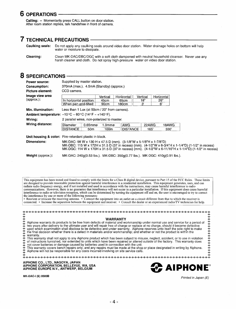 6 operations, Technical precautions, 8 specifications | Aiphone, I* -t, S* -f- •t* •i | Aiphone MK-DAC User Manual | Page 4 / 4