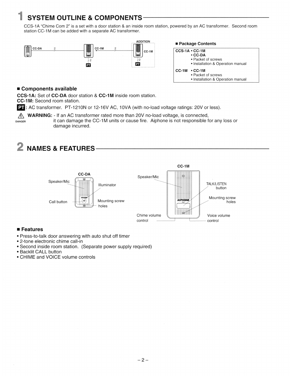 System outline & components, Components available, Names & features | I features | Aiphone Ccs 1a User Manual | Page 2 / 4