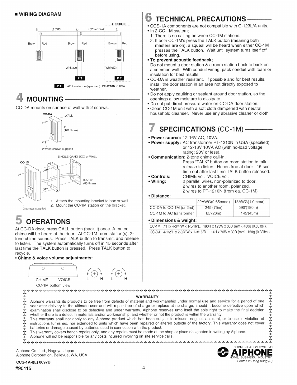 Aiphone, Mounting, Operations | Technical precautions, 4^ specifications (cc-1m) | Aiphone Ccs 1a User Manual | Page 4 / 4
