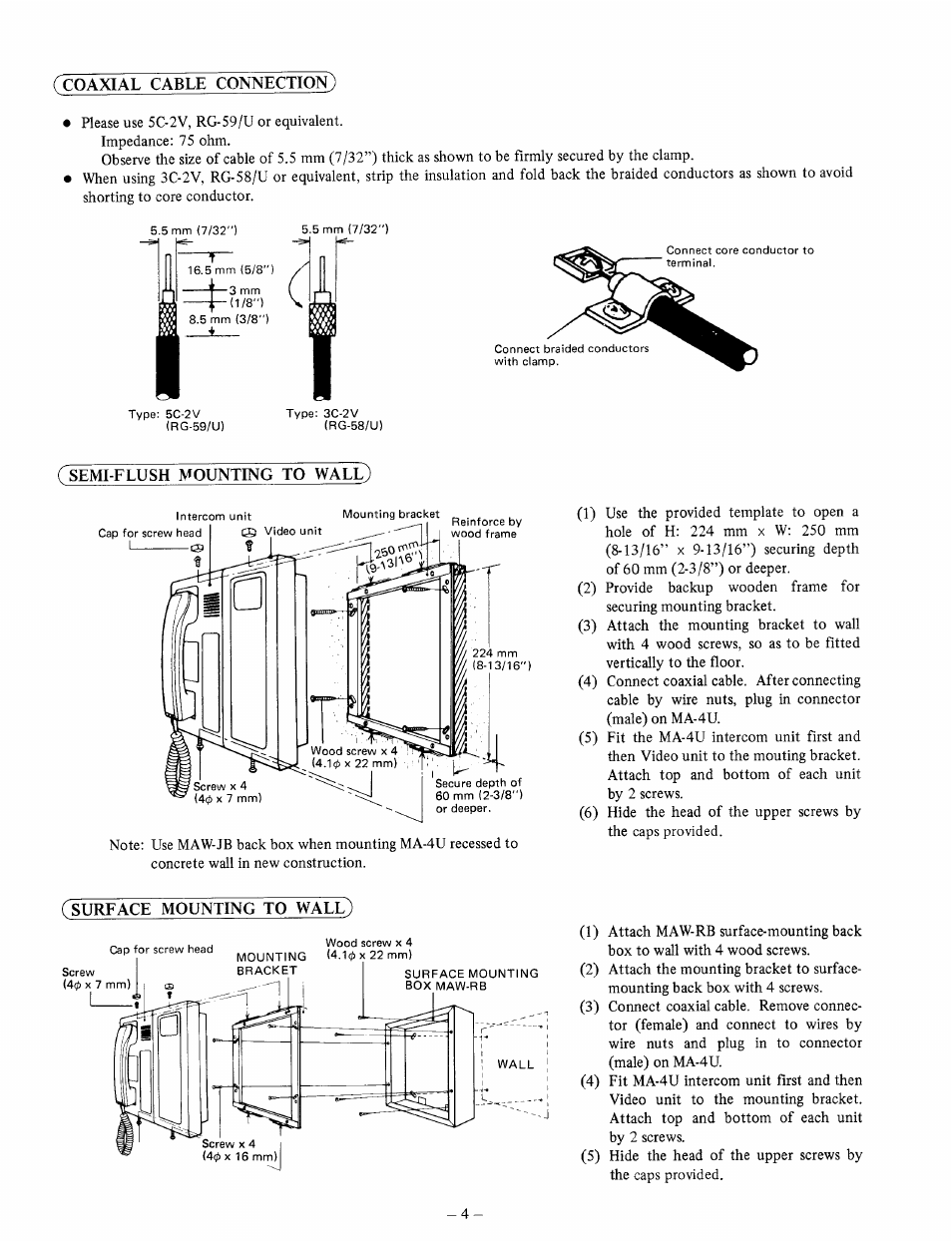 Ccoaxial cable connection), C semi-flush mounting to walx), Surface mounting to walq | Aiphone MA-4U User Manual | Page 4 / 8