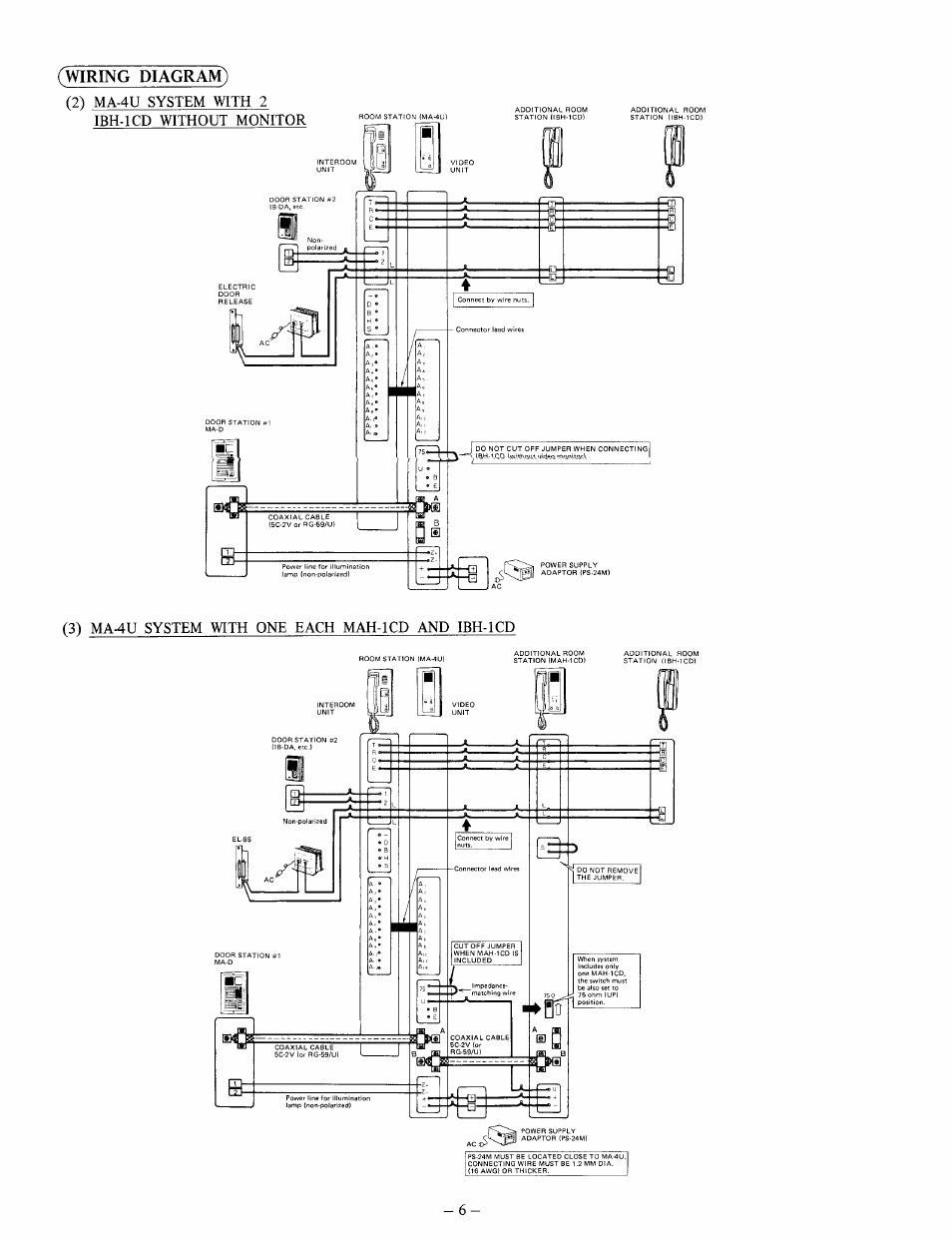 Wiring diagram), 2) ma-4u system with 2, 3) ma-4u system with one each mah-1 cd and ibh-icd | Aiphone MA-4U User Manual | Page 6 / 8