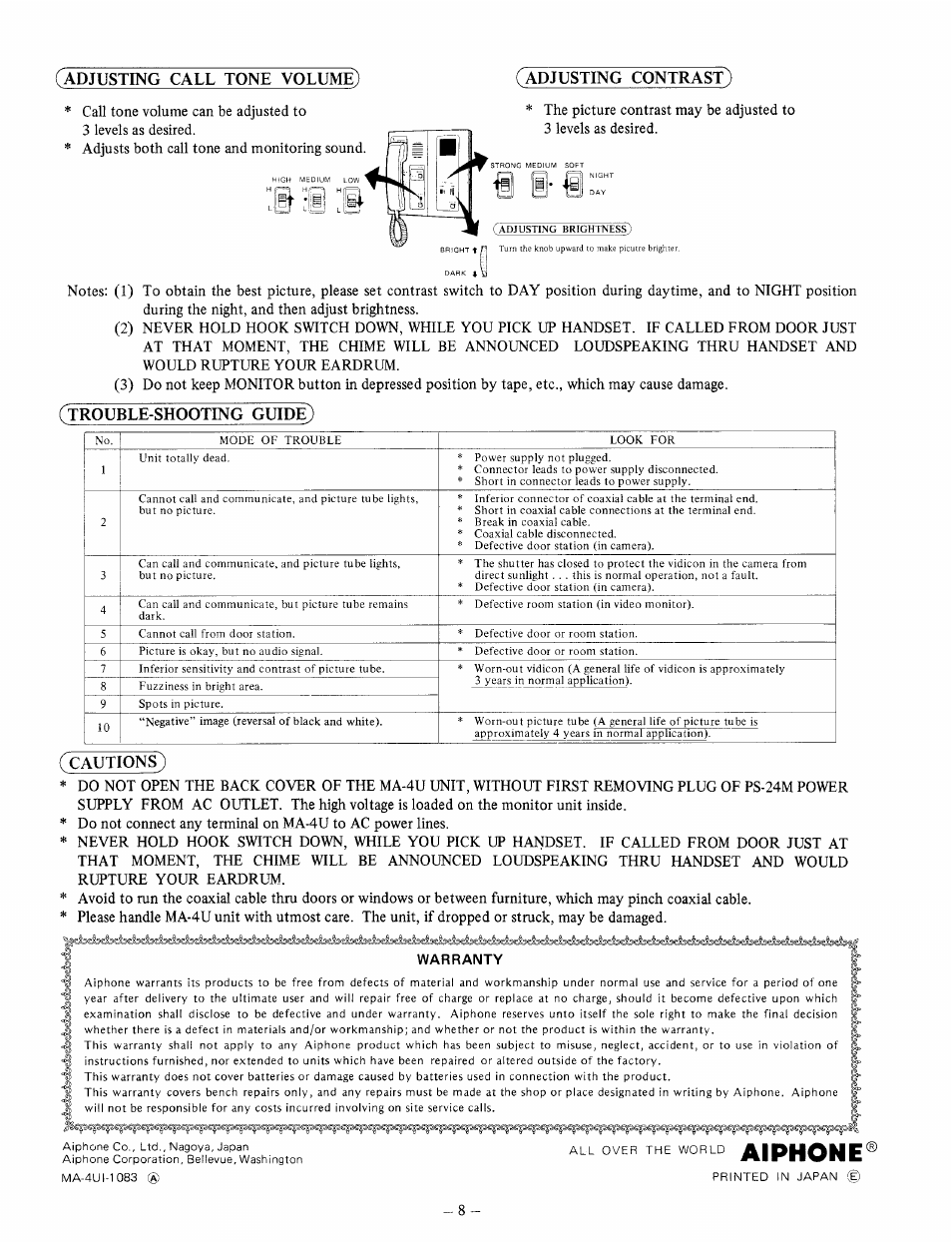 Adjusting call tone volume), Adjusting contrast), Trouble-shooting guide) | Cautions), Aiphone | Aiphone MA-4U User Manual | Page 8 / 8