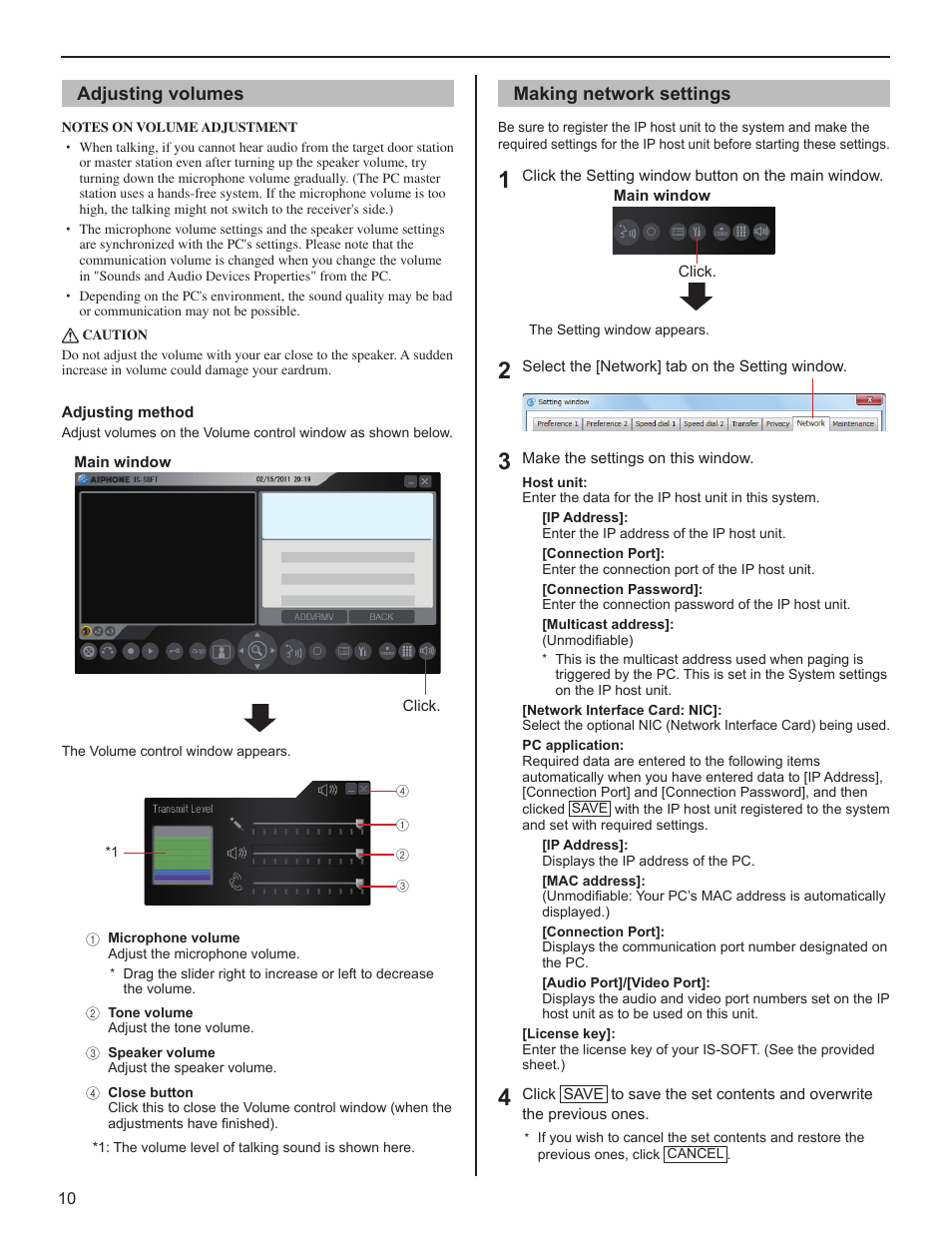 Adjusting volumes, Making network settings | Aiphone IS-SOFT 514426 A 0611YZ User Manual | Page 10 / 18