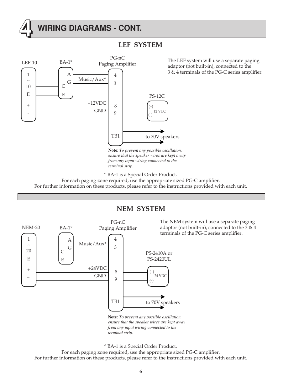 Wiring diagrams - cont, Lef system, Nem system | Aiphone PG-50C User Manual | Page 6 / 8