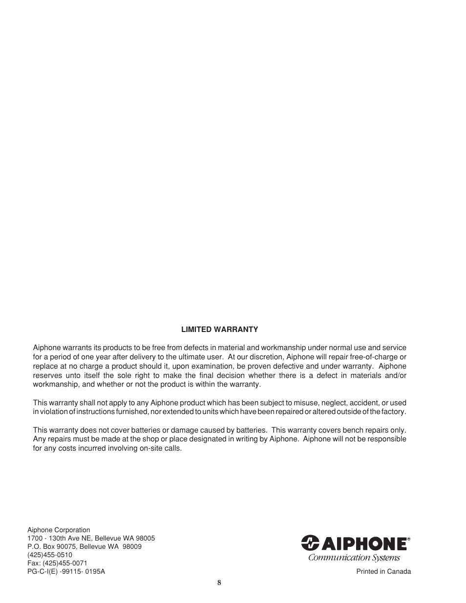 Aiphone PG-50C User Manual | Page 8 / 8