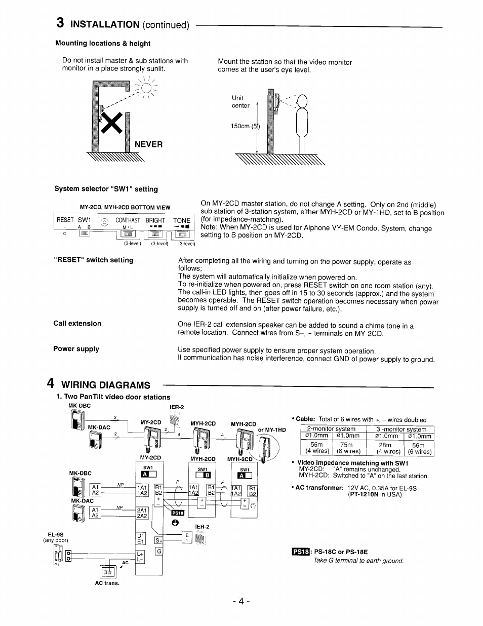 N 11™ i n, Wiring diagrams, Installation (continued) | Aiphone MYH-2CD User Manual | Page 4 / 8