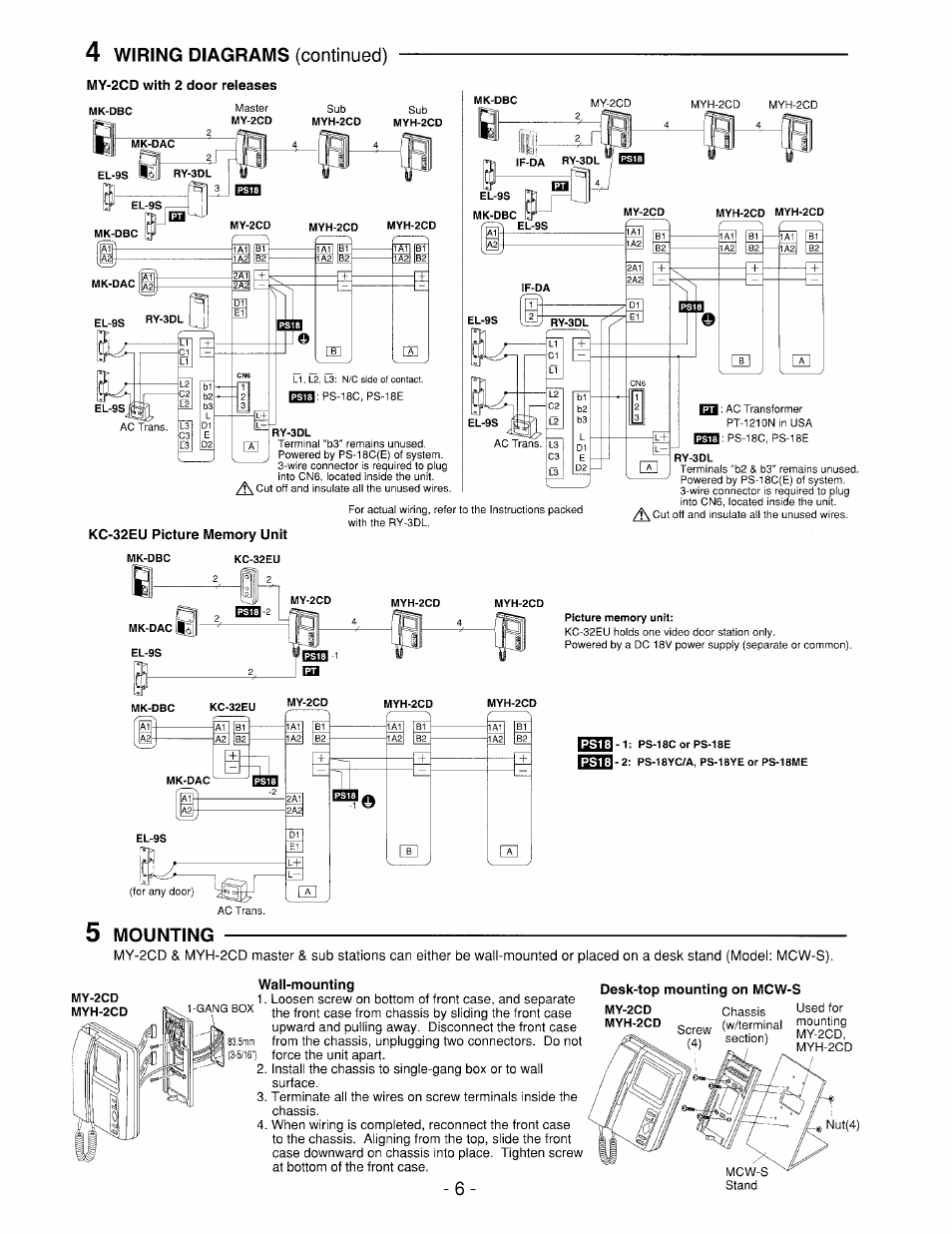 Mounting, Wiring diagrams (continued) | Aiphone MYH-2CD User Manual | Page 6 / 8