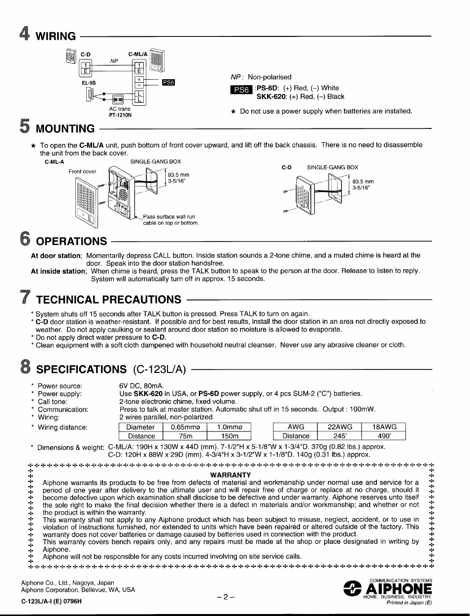 Wiring, Mounting, 6 operations | 7 technical precautions, Specifications (c-123l/a), Warranty, Aiphone, Operations, Technical precautions | Aiphone C 123l/A User Manual | Page 2 / 2