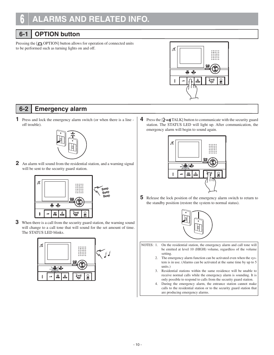 Alarms and related info, Option button emergency alarm 6-1 6-2 | Aiphone GT-1C User Manual | Page 10 / 12