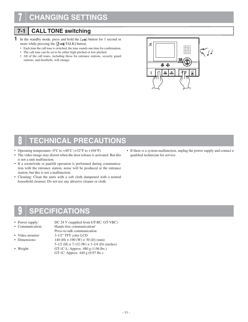 Changing settings, Technical precautions, Specifications | Aiphone GT-1C User Manual | Page 11 / 12