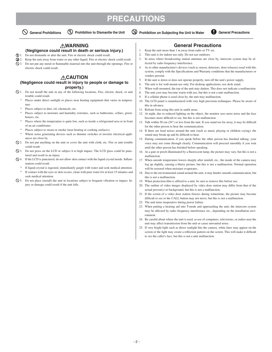 Precautions, Warning, Caution | General precautions | Aiphone GT-1C User Manual | Page 2 / 12