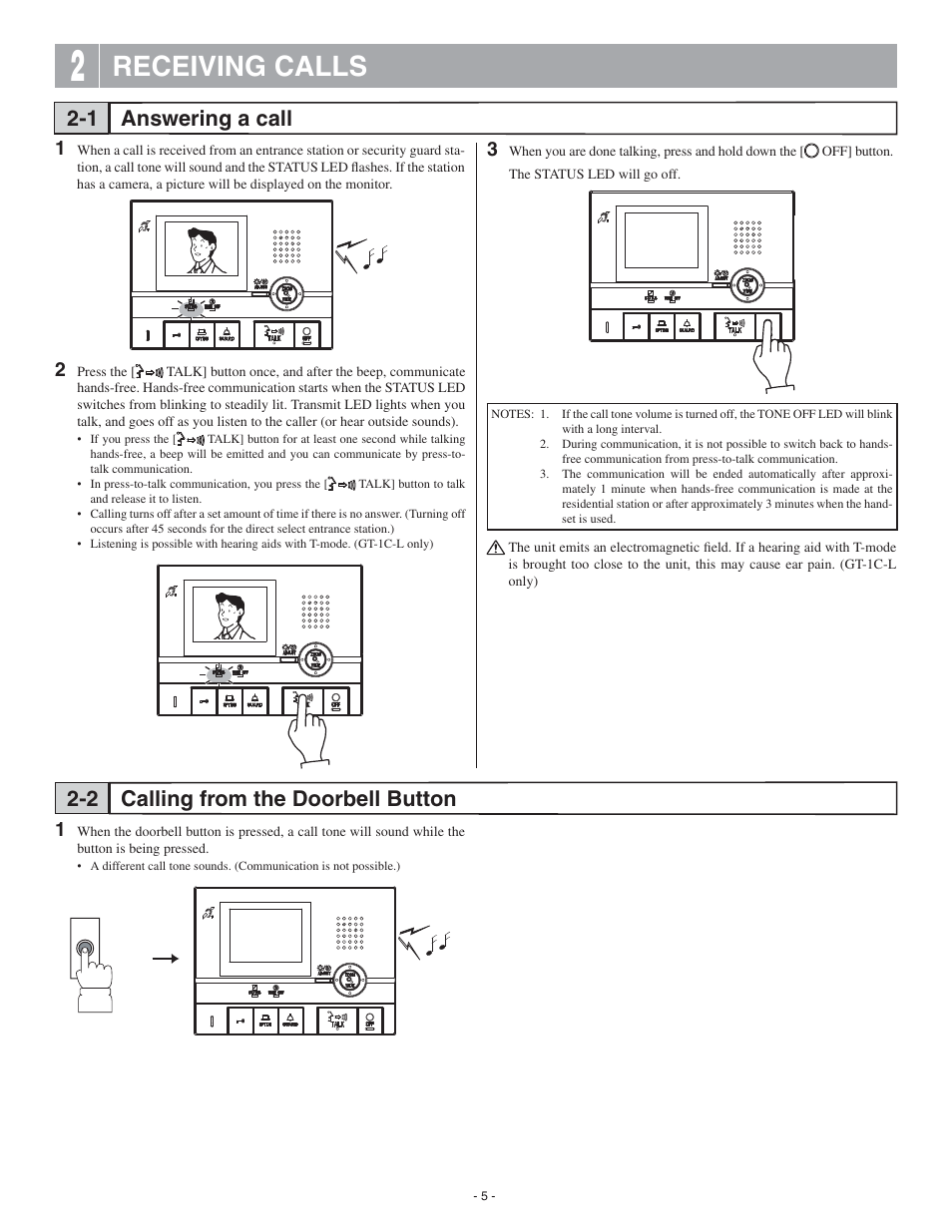 Receiving calls | Aiphone GT-1C User Manual | Page 5 / 12
