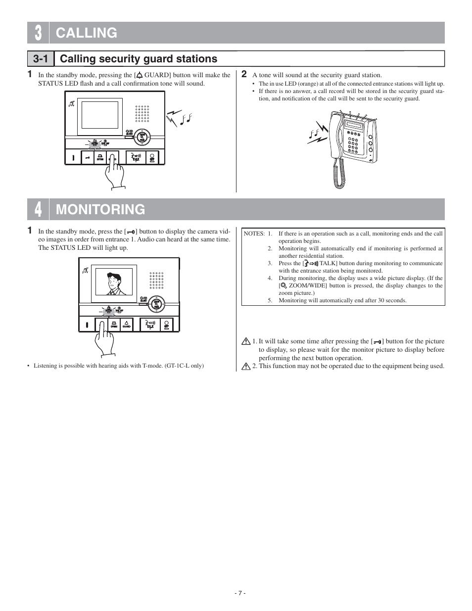 Calling, Monitoring, Calling security guard stations 3-1 | Aiphone GT-1C User Manual | Page 7 / 12