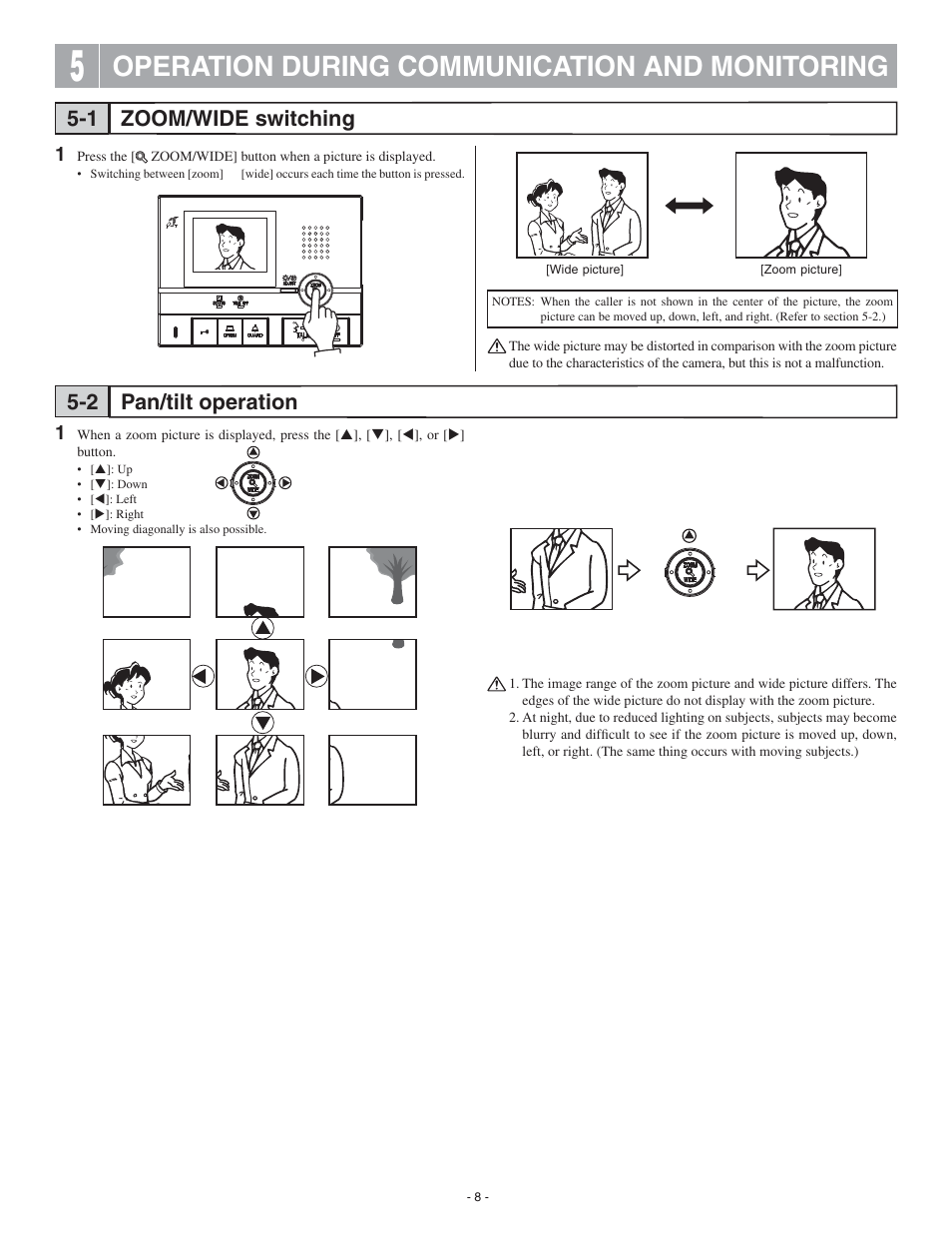 Operation during communication and monitoring, Zoom/wide switching pan/tilt operation 5-1 5-2 | Aiphone GT-1C User Manual | Page 8 / 12