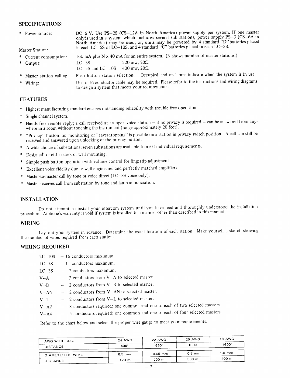 Features, Installation, Wiring | Wiring required | Aiphone LC-5S User Manual | Page 2 / 8
