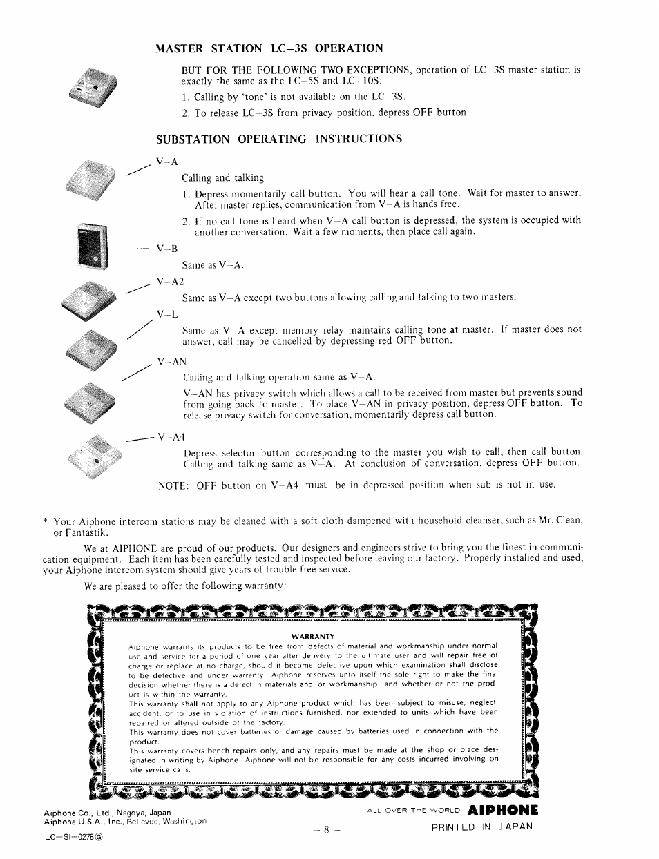 Master station lc-3s operation, Substation operating instructions, Aiphone | Aiphone LC-5S User Manual | Page 8 / 8