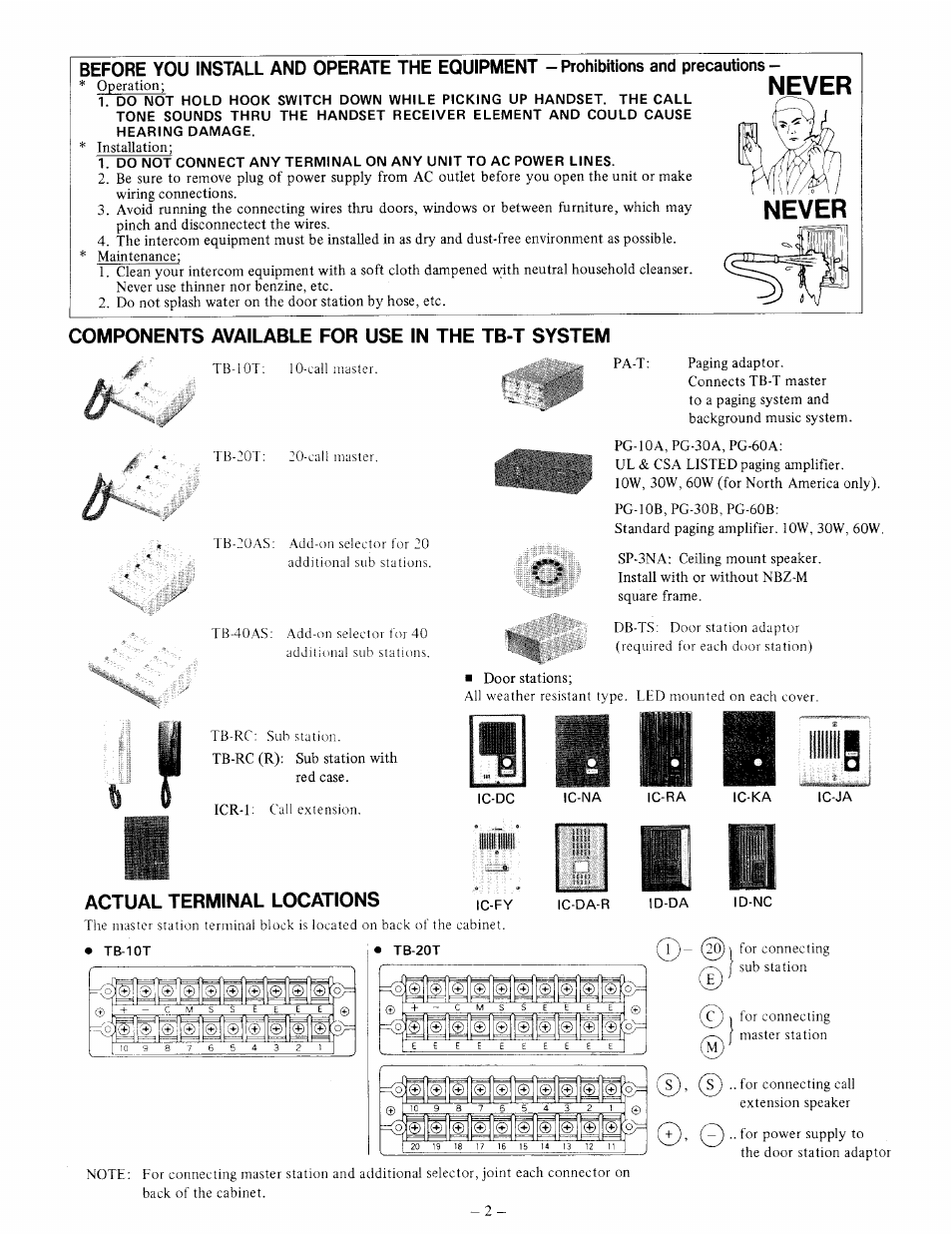 Never, Components available for use in the tb-t system, Actual terminal locations | Ic-dc, Ic-fy, Ic-na, 1c-ja, Ic-da-r, I l l ' ■ i, Lliilli | Aiphone TB-10T User Manual | Page 2 / 8