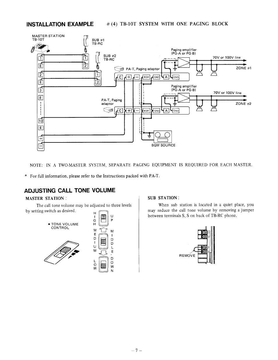 Adjusting call tone volume, Master station, Sub station | Installation example, 4) tb-iot system with | Aiphone TB-10T User Manual | Page 7 / 8