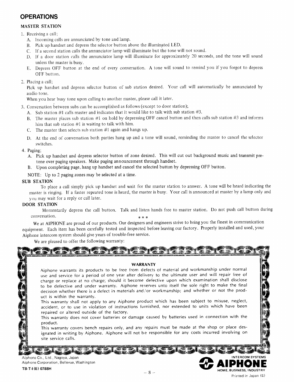 Operations, Master station, Sub station | Door station, Warranty, O aiphohe | Aiphone TB-10T User Manual | Page 8 / 8