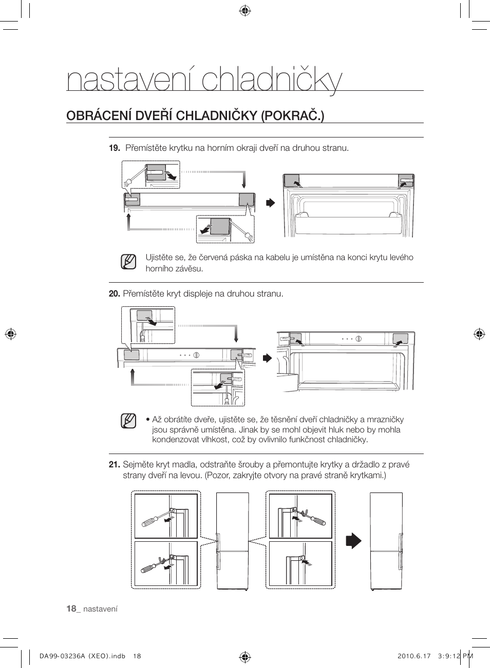 Nastavení chladničky, Obrácení dveří chladničky (pokrač.) | Samsung RL39THCMG User Manual | Page 104 / 228