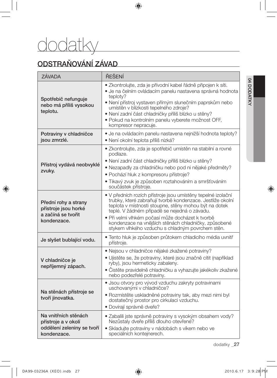 Dodatky, Odstraňování závad | Samsung RL39THCMG User Manual | Page 113 / 228