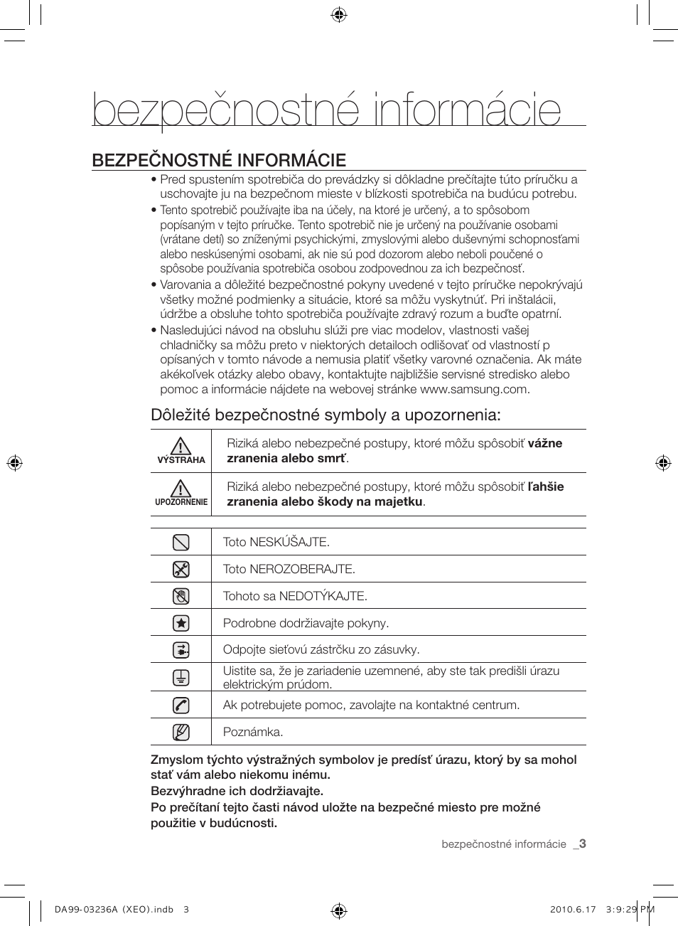 Bezpečnostné informácie, Dôležité bezpečnostné symboly a upozornenia | Samsung RL39THCMG User Manual | Page 117 / 228