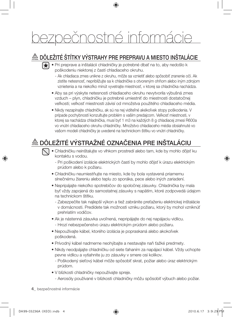 Bezpečnostné informácie, Dôležité výstražné označenia pre inštaláciu | Samsung RL39THCMG User Manual | Page 118 / 228