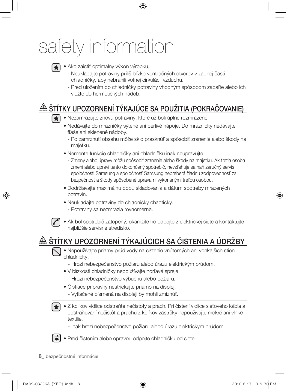 Safety information, Štítky upozornení týkajúcich sa čistenia a údržby | Samsung RL39THCMG User Manual | Page 122 / 228