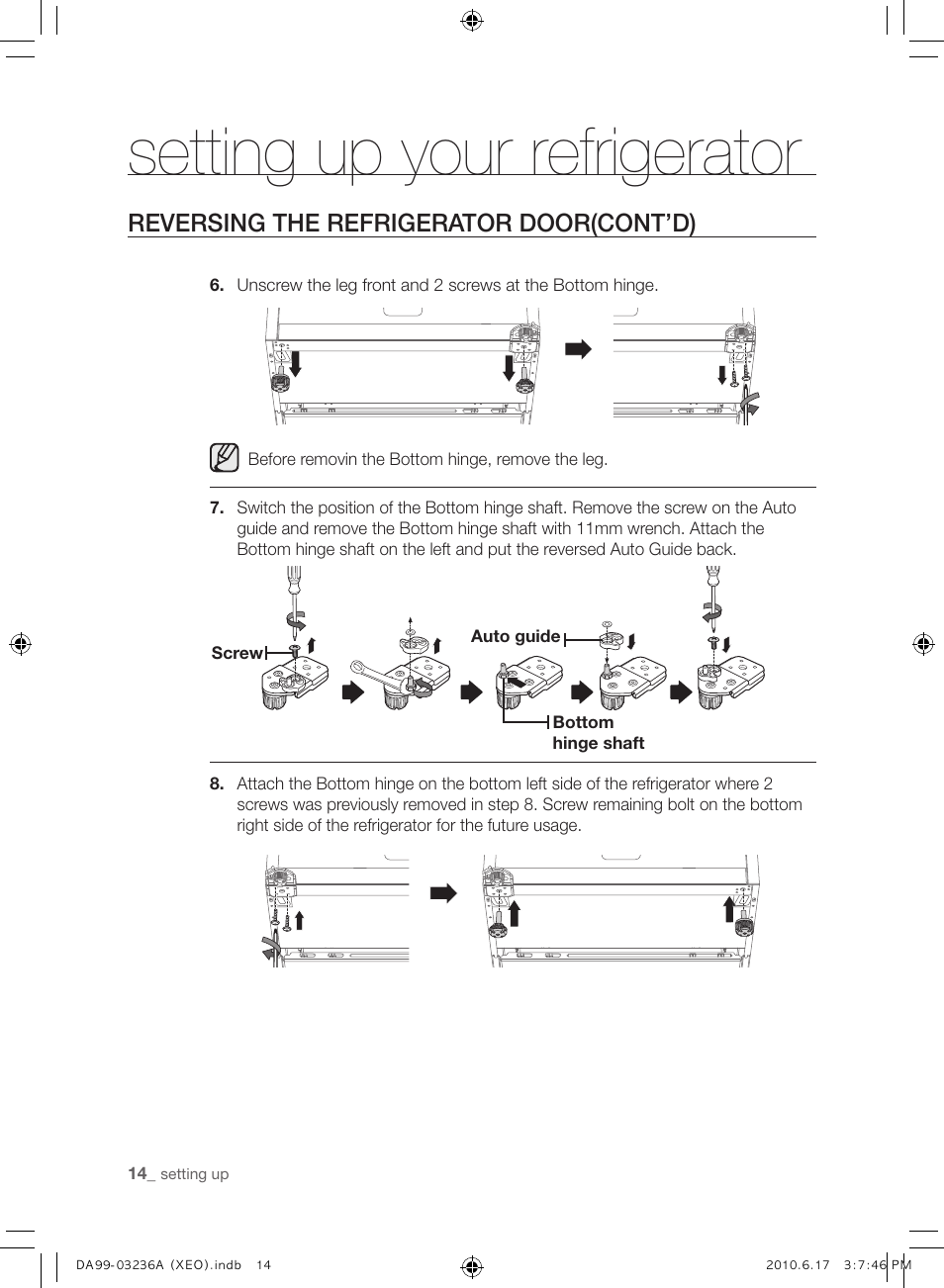 Setting up your refrigerator, Reversing the refrigerator door(cont’d) | Samsung RL39THCMG User Manual | Page 14 / 228