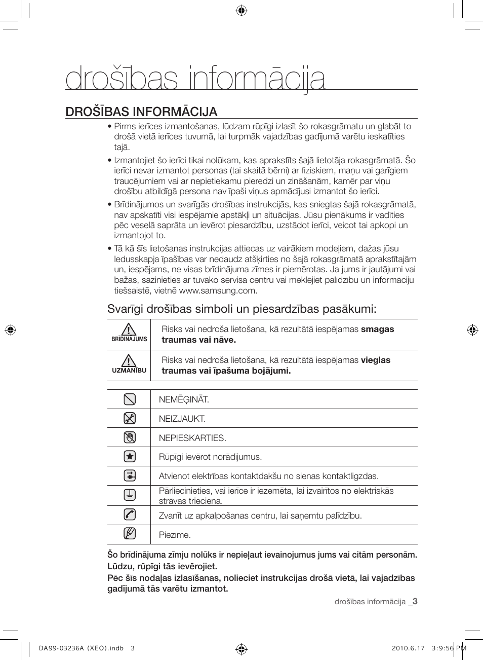 Drošības informācija, Svarīgi drošības simboli un piesardzības pasākumi | Samsung RL39THCMG User Manual | Page 145 / 228