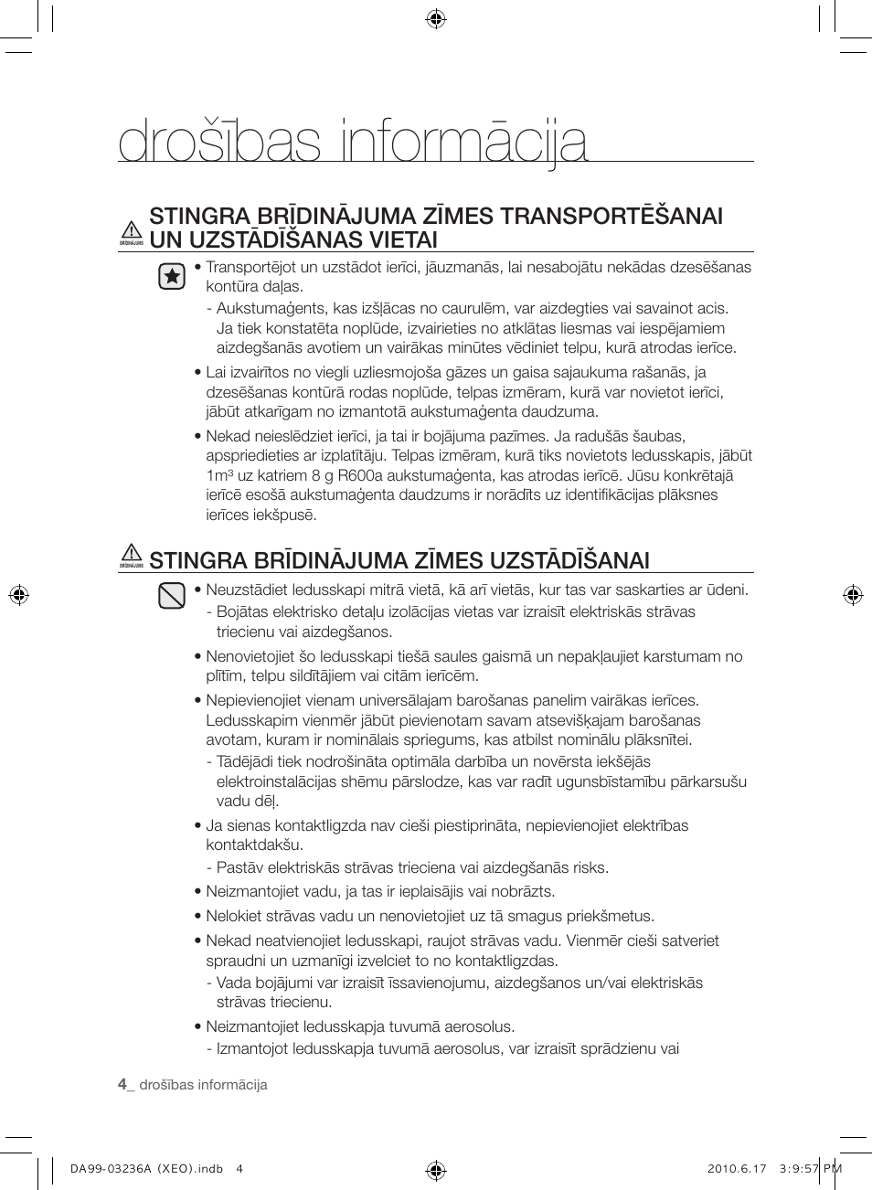 Drošības informācija, Stingra brīdinājuma zīmes uzstādīšanai | Samsung RL39THCMG User Manual | Page 146 / 228