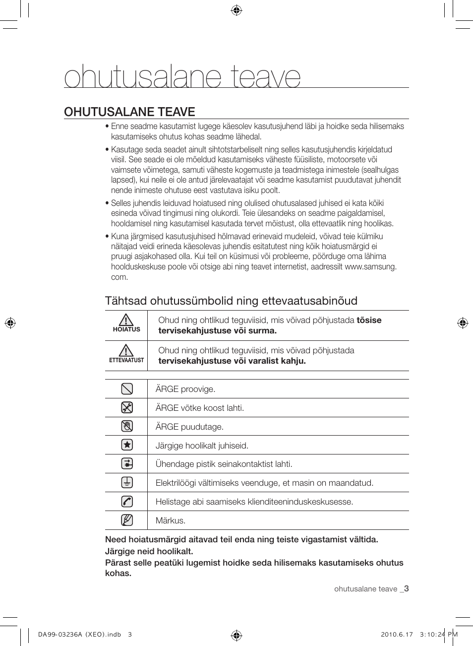 Ohutusalane teave, Tähtsad ohutussümbolid ning ettevaatusabinõud | Samsung RL39THCMG User Manual | Page 173 / 228