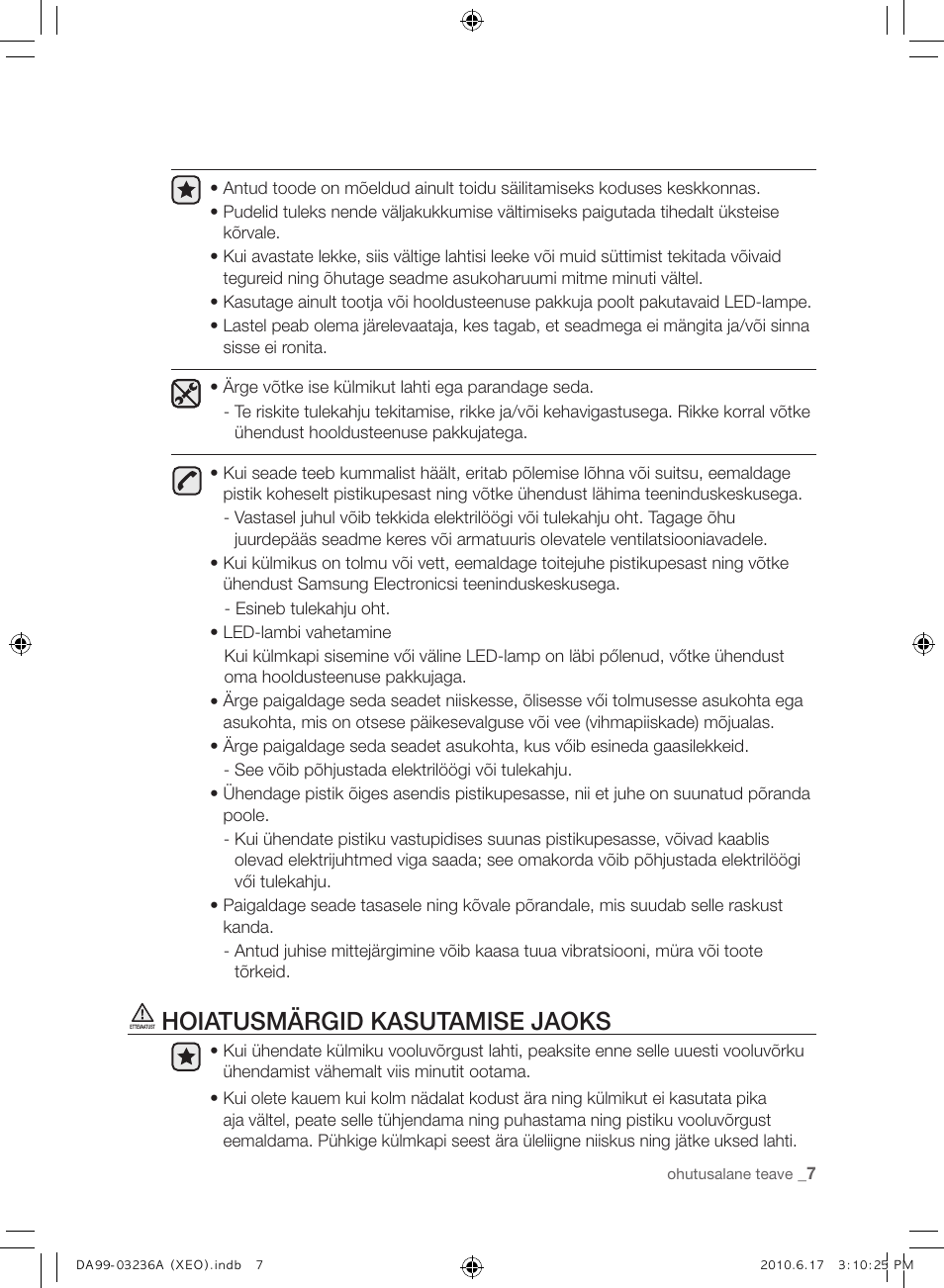 Hoiatusmärgid kasutamise jaoks | Samsung RL39THCMG User Manual | Page 177 / 228