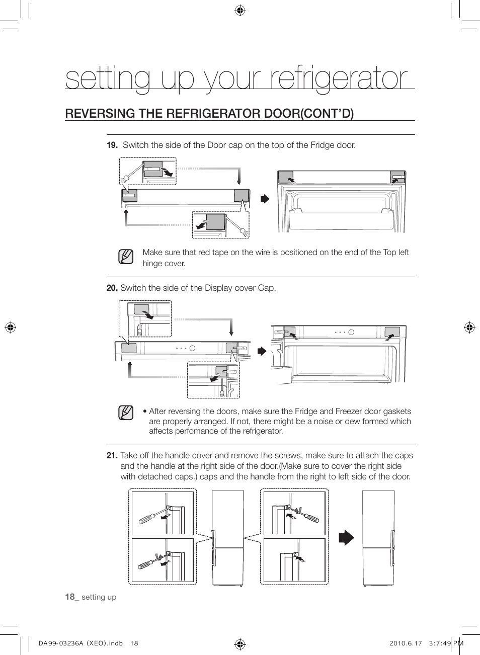 Setting up your refrigerator, Reversing the refrigerator door(cont’d) | Samsung RL39THCMG User Manual | Page 18 / 228
