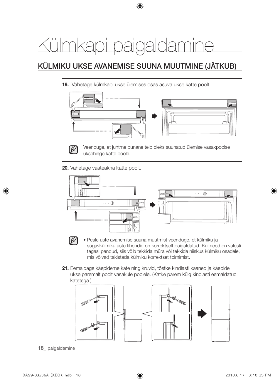 Külmkapi paigaldamine, Külmiku ukse avanemise suuna muutmine (jätkub) | Samsung RL39THCMG User Manual | Page 188 / 228