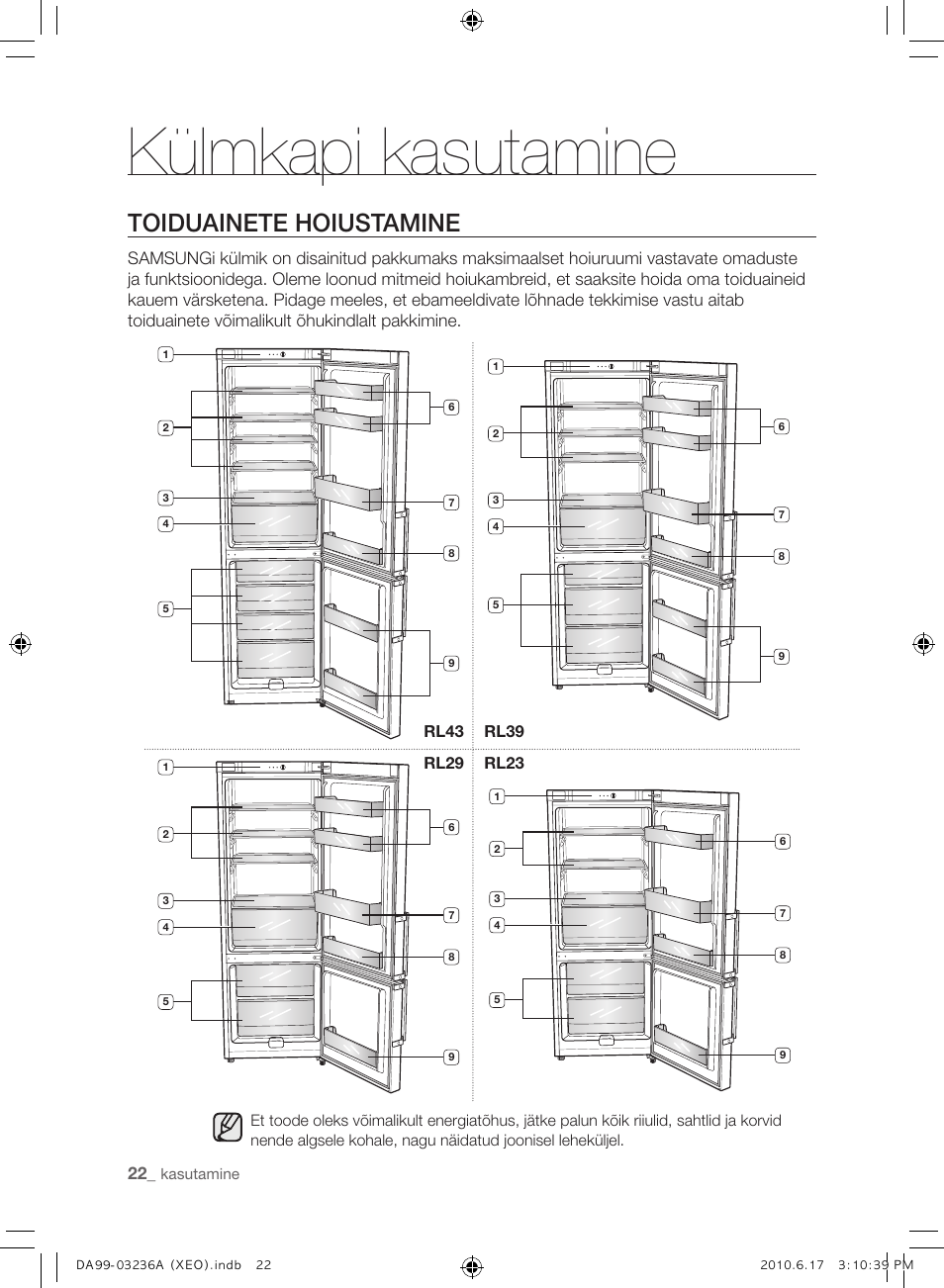 Külmkapi kasutamine, Toiduainete hoiustamine | Samsung RL39THCMG User Manual | Page 192 / 228