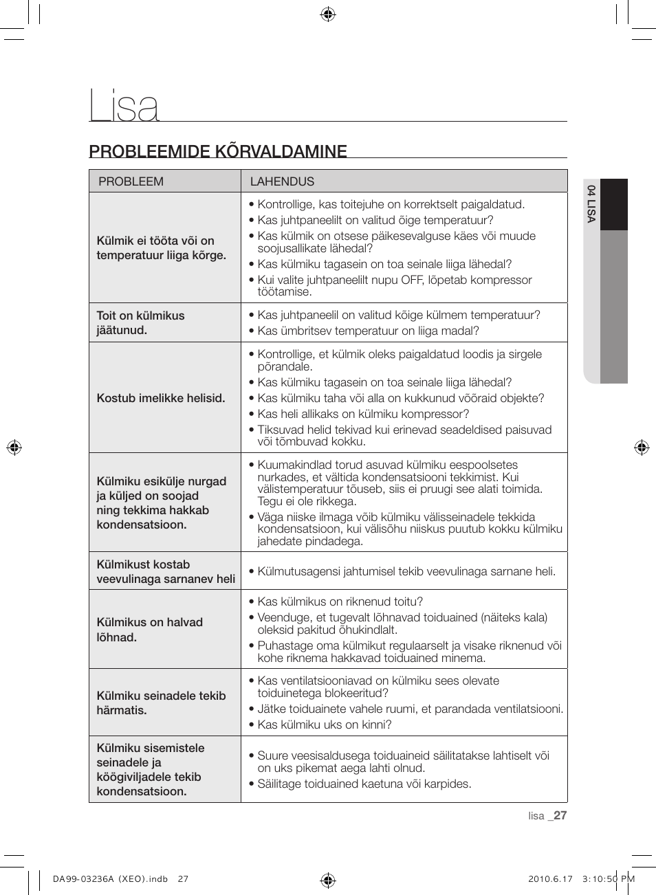 Lisa, Probleemide kõrvaldamine | Samsung RL39THCMG User Manual | Page 197 / 228