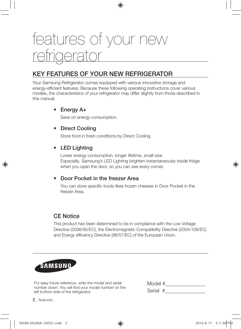 Features of your new refrigerator, Key features of your new refrigerator | Samsung RL39THCMG User Manual | Page 2 / 228