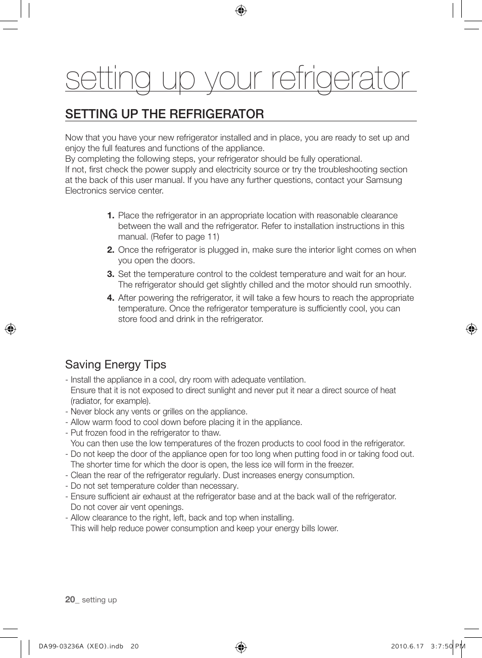 Setting up your refrigerator, Setting up the refrigerator, Saving energy tips | Samsung RL39THCMG User Manual | Page 20 / 228