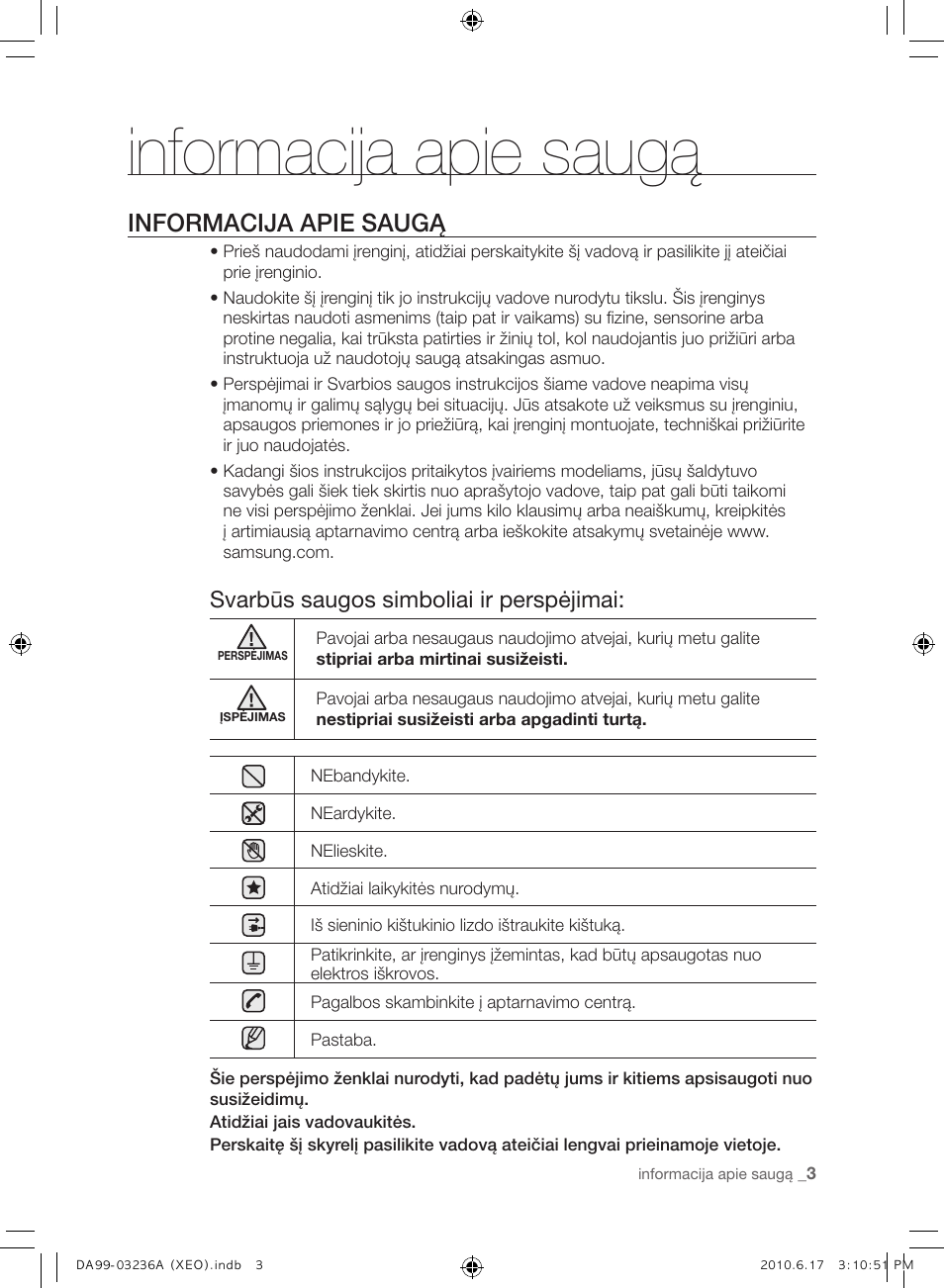 Informacija apie saugą, Svarbūs saugos simboliai ir perspėjimai | Samsung RL39THCMG User Manual | Page 201 / 228