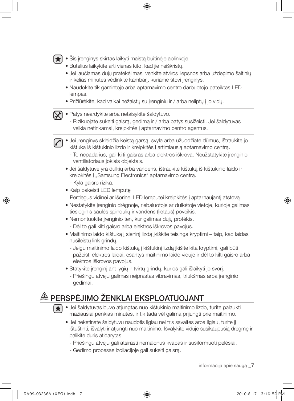 Perspėjimo ženklai eksploatuojant | Samsung RL39THCMG User Manual | Page 205 / 228