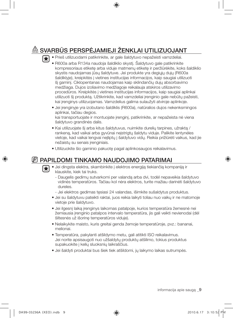 Svarbūs perspėjamieji ženklai utilizuojant, Papildomi tinkamo naudojimo patarimai | Samsung RL39THCMG User Manual | Page 207 / 228