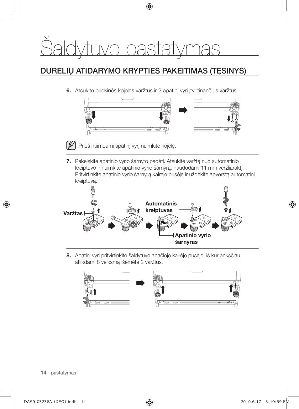 Šaldytuvo pastatymas, Durelių atidarymo krypties pakeitimas (tęsinys) | Samsung RL39THCMG User Manual | Page 212 / 228