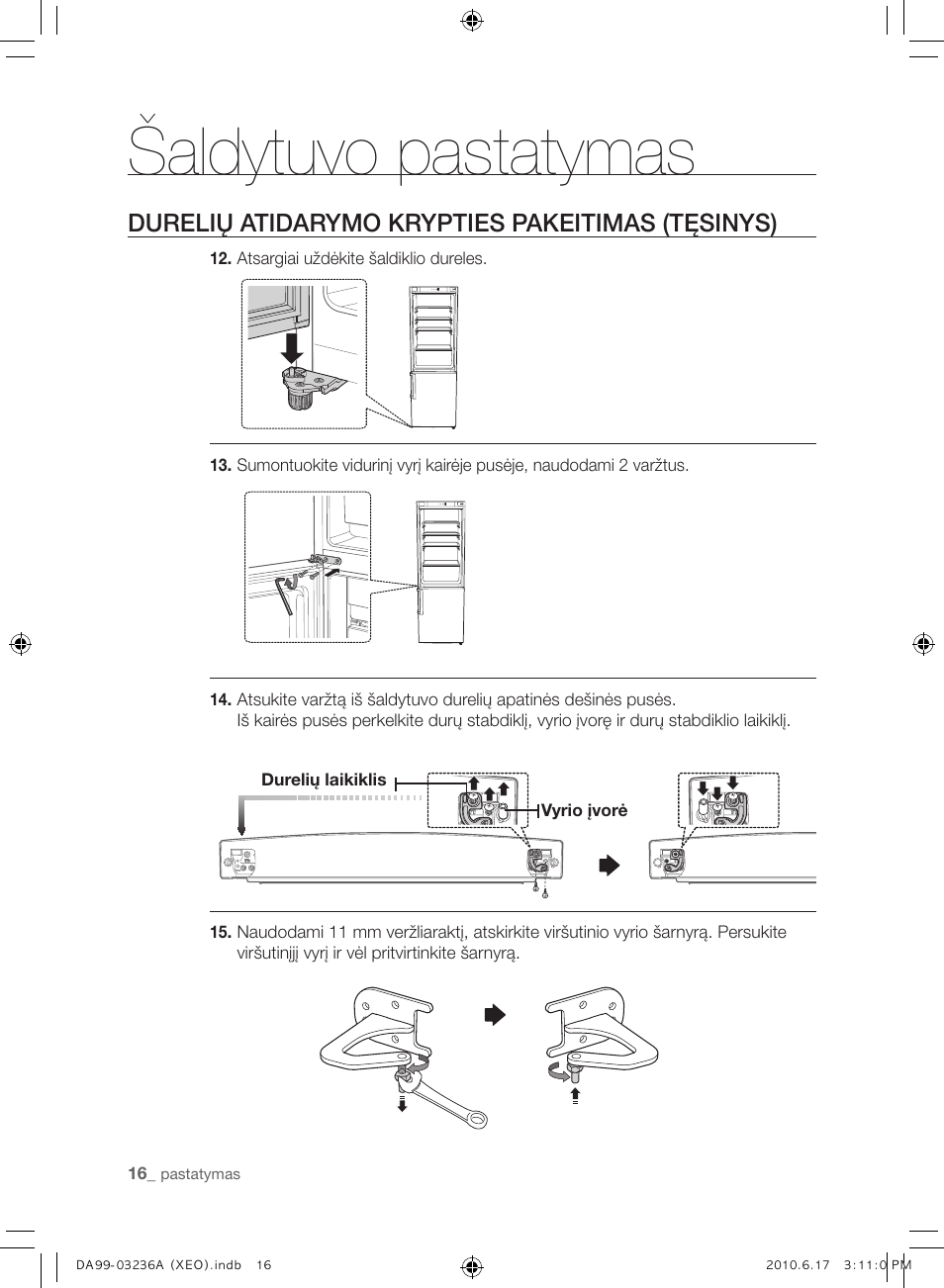 Šaldytuvo pastatymas, Durelių atidarymo krypties pakeitimas (tęsinys) | Samsung RL39THCMG User Manual | Page 214 / 228