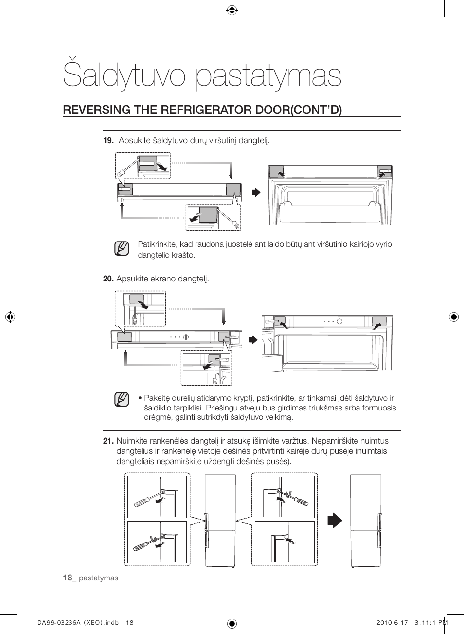 Šaldytuvo pastatymas, Reversing the refrigerator door(cont’d) | Samsung RL39THCMG User Manual | Page 216 / 228